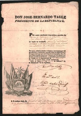 Despacho del Presidente de la República del Perú José Bernardo Tagle, otorgando a José María Zárate el empleo de oficial 4° del Ministerio de Estado en el departamento de guerra.