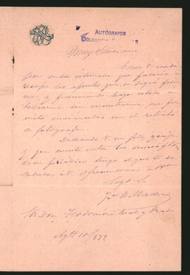 Nota de Francisco B. Madero a Teodomiro Real y Prado,