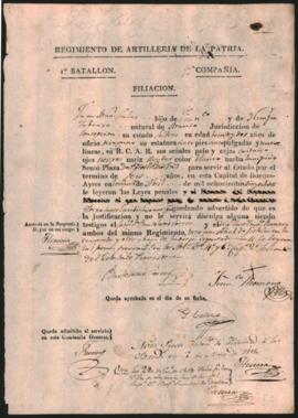 Filiación militar de Juan Manuel Salas, en el Regimiento de artillería.