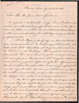 Carta de José Benjamín Gorostiaga a Juan María Gutiérrez, retribuyendo sus amistosos sentimientos.