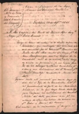 Oficio del Ministro de Guerra y Hacienda del Estado Oriental del Uruguay, General Antonio Díaz, al Capitán del puerto de Buenos Aires, Pedro Ximeno