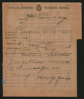 Telegrama de Rodolfo [Fresia] a Ovidio A. Lagos  enviada el 16 de enero de 1898.