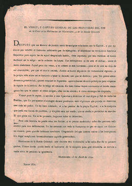 Proclama del Virrey del Río de la Plata, Javier Elío, a los habitantes de Montevideo y la Banda Orien­tal;