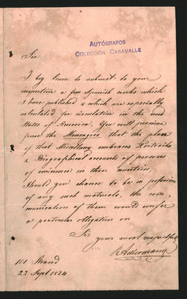 Carta de Rodolfo Ackerman a [....], informando haberle remitido algunos trabajos en español,