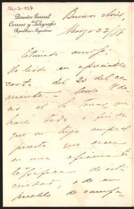 Carta de Ramón José Cárcano, Director General de Correos y Telégrafos, a Ovidio Lagos enviada el 2[3] de marzo de 1888