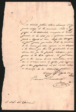 Nota del Ministro de Gobierno Bernardino Rivadavia, al Alcalde del crimen José Severo Feliciano Malavia