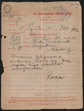 Telegrama de Julio Argentino Roca a Norberto Quirno Costa del 20 de octubre de 1902.