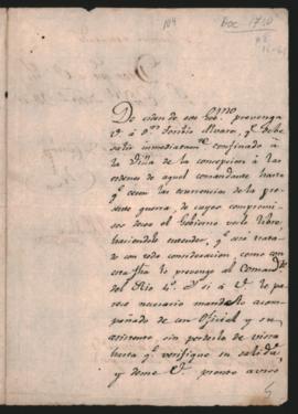 Nota del Gobernador de Córdoba Manuel Antonio de Castro, el Comandante del piquete de Granaderos de Infantería, Sargento Mayor Francisco Sayos,