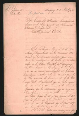 Oficio del Gobernador de Entre Ríos, Ri­cardo López Jordán, al Ministro de Relaciones Exteriores, Doctor Mariano Varela,
