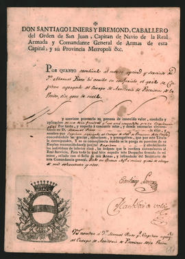 Despacho del Virrey del Río de la Plata, Santiago de Liniers, confiriendo a Manuel Pinto el grado de Capitán