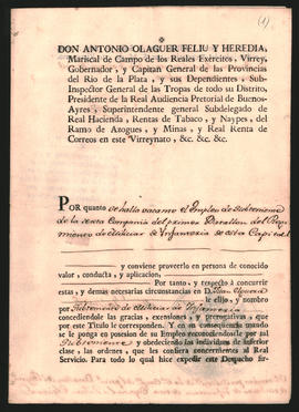 Nombramiento de Juan Elguera como Subteniente de Milicia de Infantería,