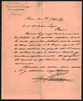 Carta del Director del Departamento de Tierras, (y colonias) y Agricultura a Ovidio A. Lagos enviada el 28 de mayo de 1897