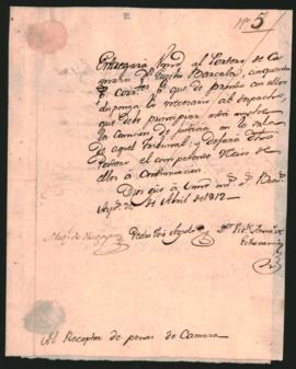 Nota de Miguel de Irigoyen, Pedro José Agredo y Vicente Anastasio de Echevarría, al receptor de penas de Cámara