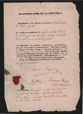 Despacho extendido por el Gobernador de la provincia de Córdoba, Mariano Fragueiro,