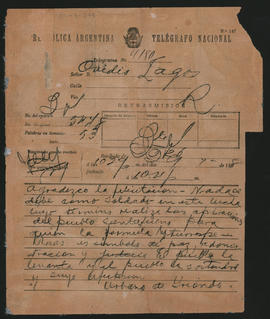 Telegrama de Urbano de Iriondo a Ovidio A. Lagos enviada en 189[8]