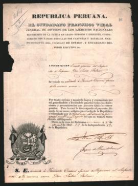 Nombramiento de Pedro Beltrán como Te­niente Coronel efectivo de ingenieros, expedido por el Vice-Presidente del Consejo de Estado del Perú, encargado del Poder Eje­cutivo, General Francisco Vidal.