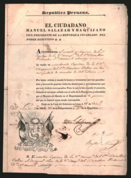 Nombramiento expedido por el Vicepresidente de la República del Perú y encargado del Poder Ejecutivo Manuel Salazar y Baquíjano, a Manuel Muñoz, como Capitán de la 5° Compañía del primer batallón Callao.