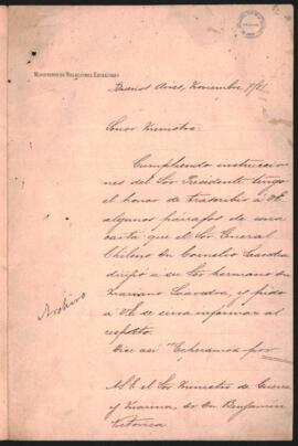 Nota del Ministro de Relaciones Exteriores, Bernardo de Irigoyen, al Ministro de Guerra y Marina, Doctor Benjamín Victorica,