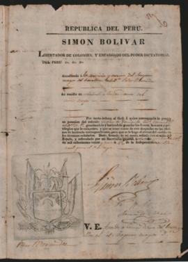 Despacho de Simón Bolívar, Libertador de Colombia y encargado del Poder del Perú, otorgando a Pedro Bermúdez, el empleo de Comandante del Batallón Nº 1.