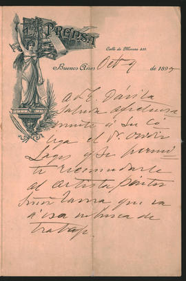 Nota emitida desde la sede del Diario la Prensa, calle Moreno 531, en Buenos Aires el 9 de octubre de 1894