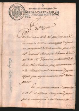 Comunicación del Supremo Consejo, al Virrey del Río de la Plata, Marqués Rafael de Sobremonte, informando la declaración del Cardenal Patriarca Vicario General de los Reales Ejércitos y Armada