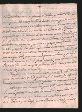 Carta de Joaquín del Pino a Francisco Tadeo Diez de Medina, felicitándolo por su arribo a Valparaíso.