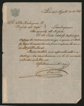 Carta del Presidente del Perú, Nicolás de Piérola, al Prefecto del Departamento de Lambayeque, J. M. Ro­ dríguez, recomendándole al señor Pedro Adolfo Espinoza.