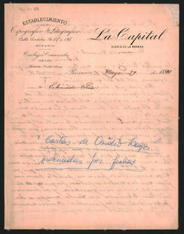 Carta de Ovidio Lagos  a Rufino Ortega, gobernador de la provincia de Mendoza y coronel, enviada desde Rosario el 29 de mayo de 1884