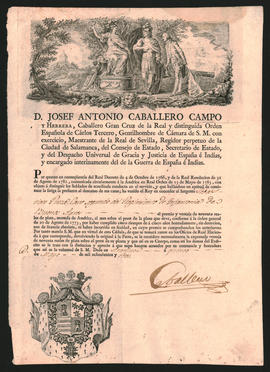 Despacho del Ministro de Justicia, encargado interinamente de la cartera de Guerra de España e Indias, José Antonio Caballero Campo