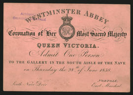 Permiso para concurrir a la Abadía de Westminster para la coronación de su Majestad la Reina Victoria