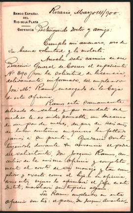 Carta de [Cornelio Casablanca] a Ovidio A. Lagos enviada desde Rosario el 14 de marzo de 1900