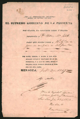 Pasaporte extendido por el Gobernador de Mendoza, Coronel Alejo Mallea a Ramón María Lotelo, para que pase a Buenos Aires.