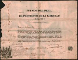 Despacho extendido por el Protector del Perú, General José de San Martín, otorgando carta de ciudadanía del Estado del Perú a Félix de la Rosa.