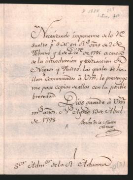 Nota del Virrey Interino del Río de la Plata, Benito de la Matta Linares