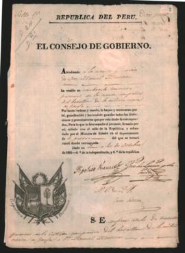 Nombramiento de Manuel Martínez, como Teniente primero de la cuarta Compañía de la milicia cívica de Jauja otorgado por el Presidente del Consejo de Ministros del Perú, Hipólito Unanue.