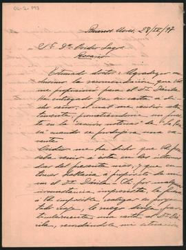 Carta de [...] Del Valle Iberlucea a Ovidio A. Lagos enviada desde Buenos Aires el 28 de abril de 1897