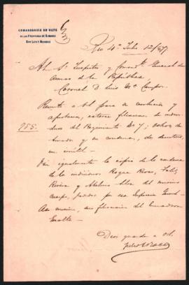 Nota del Comandante en Jefe de las fron­teras de Córdoba, San Luis y Mendoza, General Julio A. Roca, al Inspector y Comandante General de Armas de la República, Coronel Luis María Campos