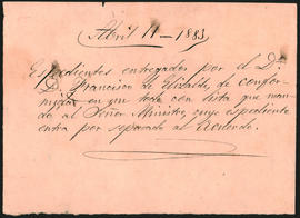 Nota fechada el 11 de abril de 1883 relativa a los expedientes entregados por el Dr. D. Francisco de Elizalde