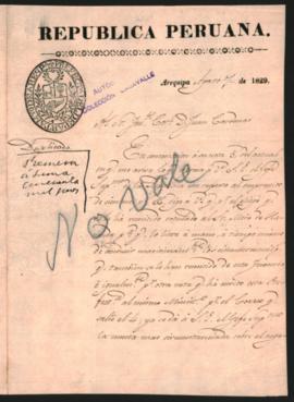 Comunicación del Prefecto de Arequipa Juan Francisco de Reyes al Teniente Coronel Juan Cárdenas