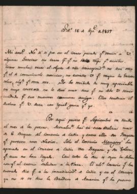 Carta de Francisco Narciso Laprida a un amigo, comunicándole el arribo al puerto de varios barcos del comercio de Cádiz,