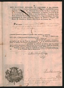 Despacho del Virrey de las Provincias Unidas del Río de la Plata, Baltasar Hidalgo de Cisneros, extendiendo el nombramiento de Capitán de la Primera Compañía del Batallón de Artillería volante urbano a Manuel Pintos