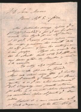 Carta del General Juan Antonio Lavalleja a Lucas Moreno, avisando que si llegaran cartas dirigidas para el General Urquiza, no se las envíe sino que se las entregue a él.