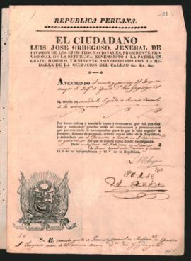 Nombramiento de José Gayangos, como Teniente Coronel de Infantería de Ejército extendido por el Pre­sidente provisorio del Perú, General Luis José de Orbegoso.