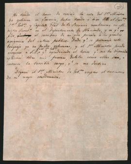Nota de José María Rojas y Patrón al Ministro de Gobierno Manuel Moreno, aceptando el nombramiento de Ministro de Hacienda.