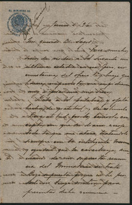 Carta del Ministro de Gobierno, Agricultura e Instrucción Pública de Santa Fé a Ovidio A. Lagos enviada el 5 de junio de 1896