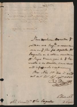 Nota del Alcalde de 2° voto Francisco Belgrano al Comandante de Resguardos Ramón de Palacio