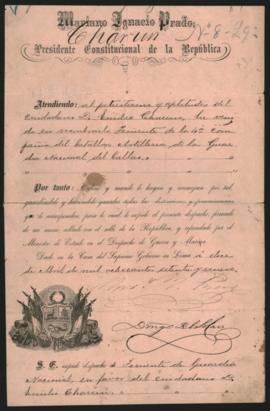 Nombramiento expedido por el Presidente del Perú, Mariano Ignacio Prado, a Emilio Charun como Teniente de Guardia Nacional del Callao.