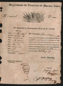 Documento extendido por Lucio Mansilla, al soldado Pedro Ortega.