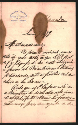 Carta de [Eduardo] Olivera a Ovidio a Lagos enviada desde Junín en 1879