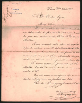 Carta de Bernardo de Yrigoyen a Ovidio A. Lagos enviada desde Buenos Aires el 27 de diciembre de 1895